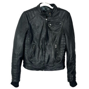 Bod & Christensen Black Leather Moto Jacket Women's M Full Zip Stand Collar